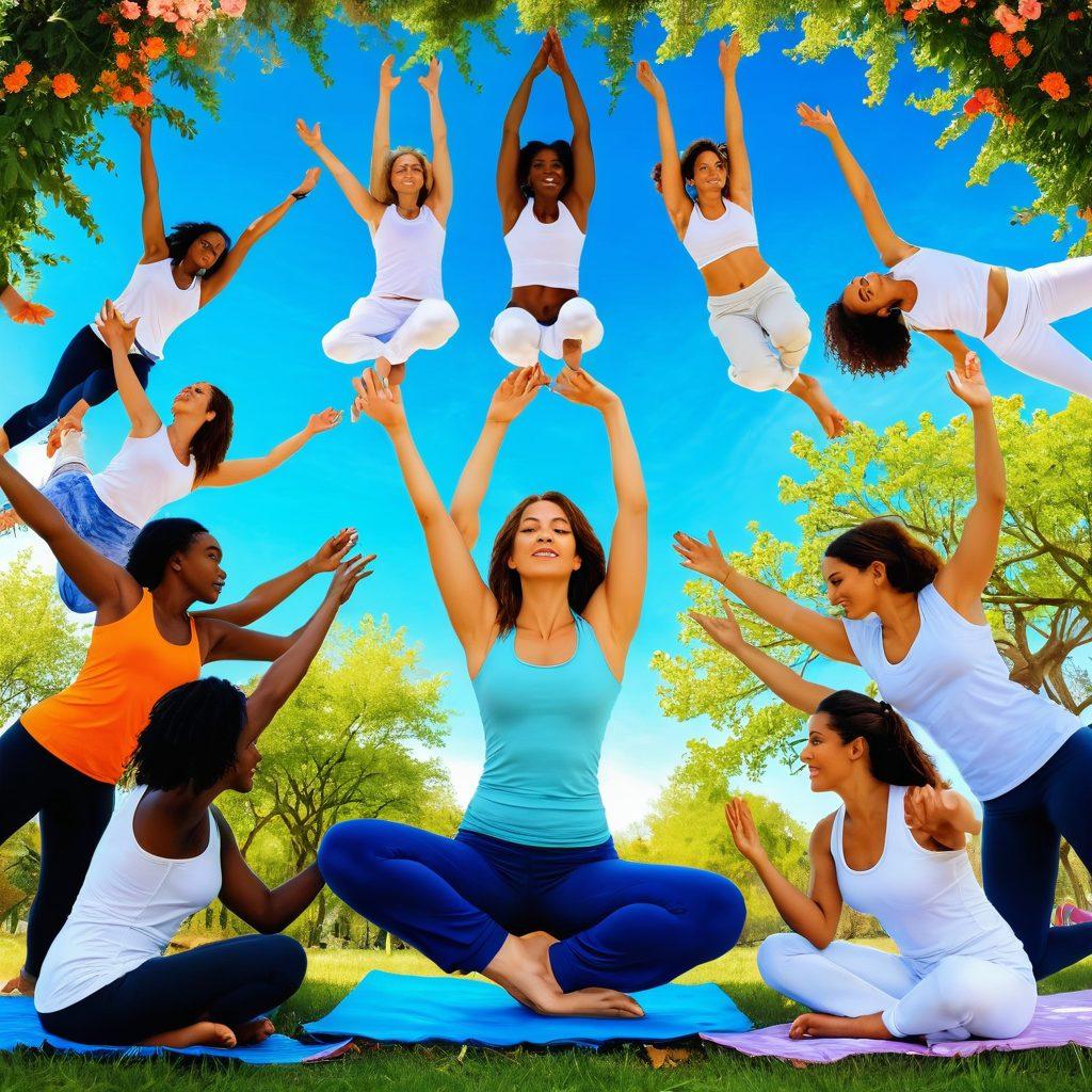 A diverse group of young women united in a vibrant, colorful park, engaged in various empowering activities such as yoga, painting, and discussing. They exude confidence and strength, with uplifting expressions and supportive body language. Surround them with inspirational quotes floating in the air, symbolizing their collective empowerment. The background features blooming flowers and a bright blue sky, emphasizing positivity and growth. super-realistic. vibrant colors. white background.