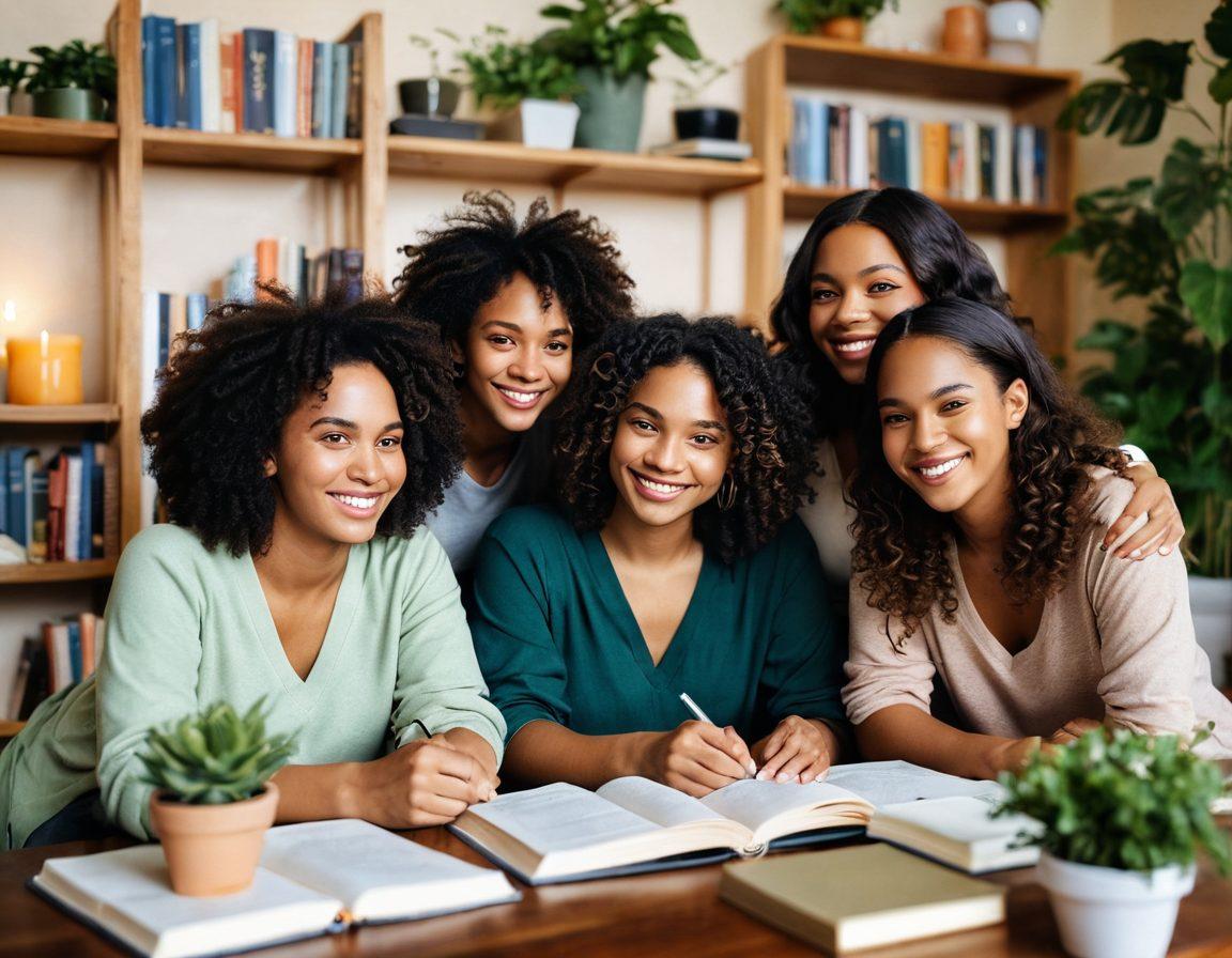 A diverse group of women of varying ethnicities smiling and supporting each other in a cozy, inviting setting, surrounded by books and plants, symbolizing self-development and sisterhood. Incorporate elements like a journal, teas, and soft lighting that evoke empowerment and femininity. The atmosphere should feel warm and uplifting, showcasing connections and personal growth. 3D. vibrant colors. soft focus.