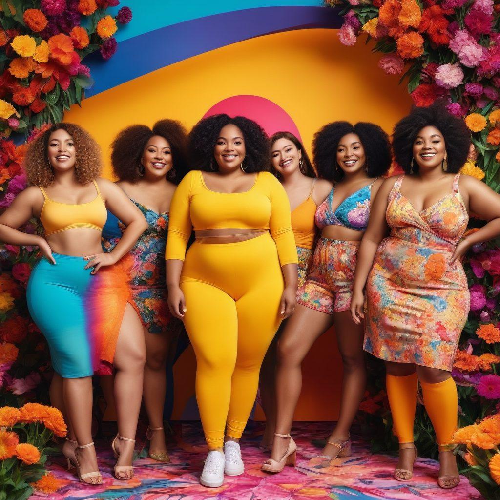 A diverse group of confident individuals of various body types and backgrounds standing together in a vibrant and uplifting setting, showcasing their unique styles and smiles. They are adorned with colorful, empowering fashion and surrounded by elements representing positivity, like blooming flowers and inspirational quotes. The scene is filled with warmth and joy, embodying the spirit of body positivity and empowerment. super-realistic. vibrant colors. 3D.